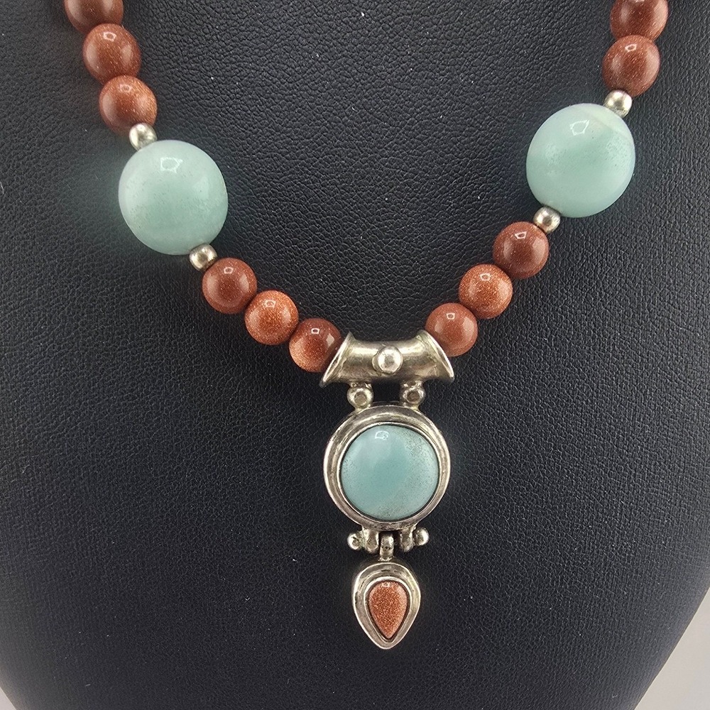 Vintage Estate Necklace Stone Brown Blue Beaded Sterling Silver Pendant 16"